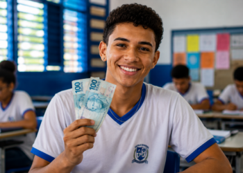 Estudante de uniforme sorri segurando duas cédulas de cem reais em uma sala de aula