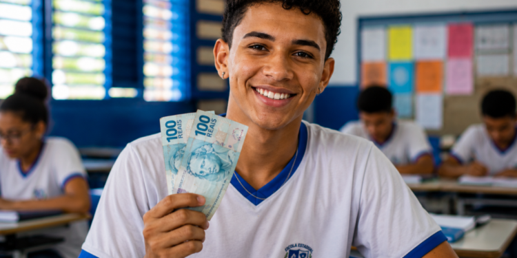 Estudante de uniforme sorri segurando duas cédulas de cem reais em uma sala de aula