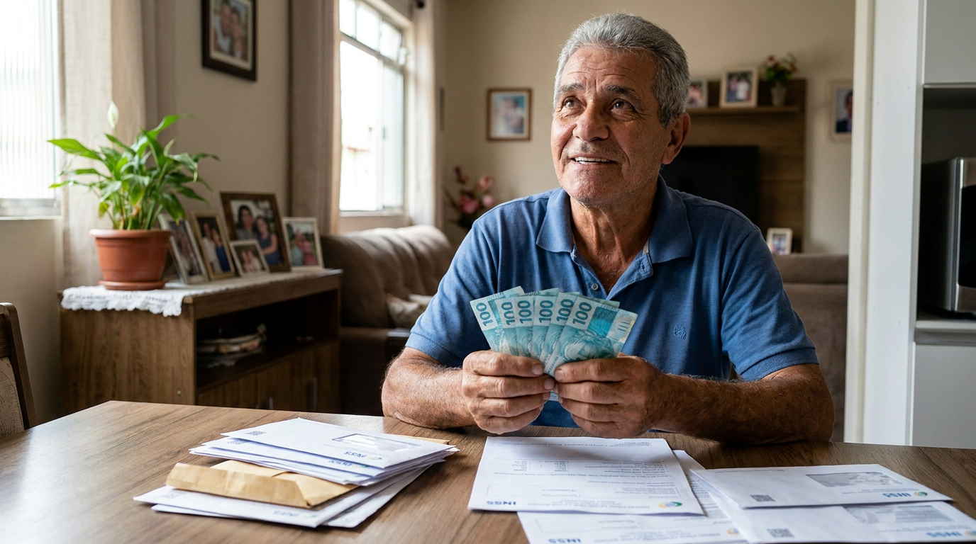 Homem idoso segurando cédulas de cem reais em casa, ao lado de documentos sobre a mesa, em referência ao saldo do ressarcimento do PIS/Pasep em 2026.