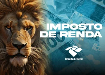Leão do Imposto de Renda ao lado de notas de dinheiro e símbolo da Receita Federal.