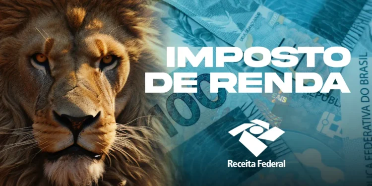 Leão do Imposto de Renda ao lado de notas de dinheiro e símbolo da Receita Federal.