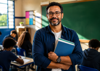 Professor sorri segurando cadernos em uma sala de aula com alunos ao fundo