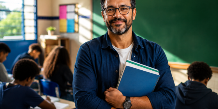 Professor sorri segurando cadernos em uma sala de aula com alunos ao fundo