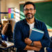 Professor sorri segurando cadernos em uma sala de aula com alunos ao fundo