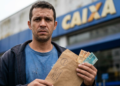 Homem segura um envelope com cédulas de dinheiro em frente a uma agência da Caixa