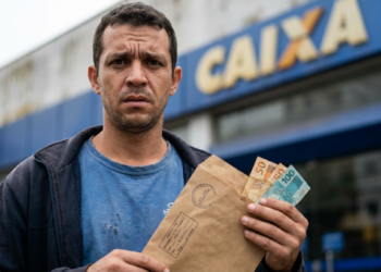 Homem segura um envelope com cédulas de dinheiro em frente a uma agência da Caixa