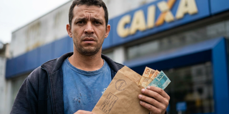 Homem segura um envelope com cédulas de dinheiro em frente a uma agência da Caixa