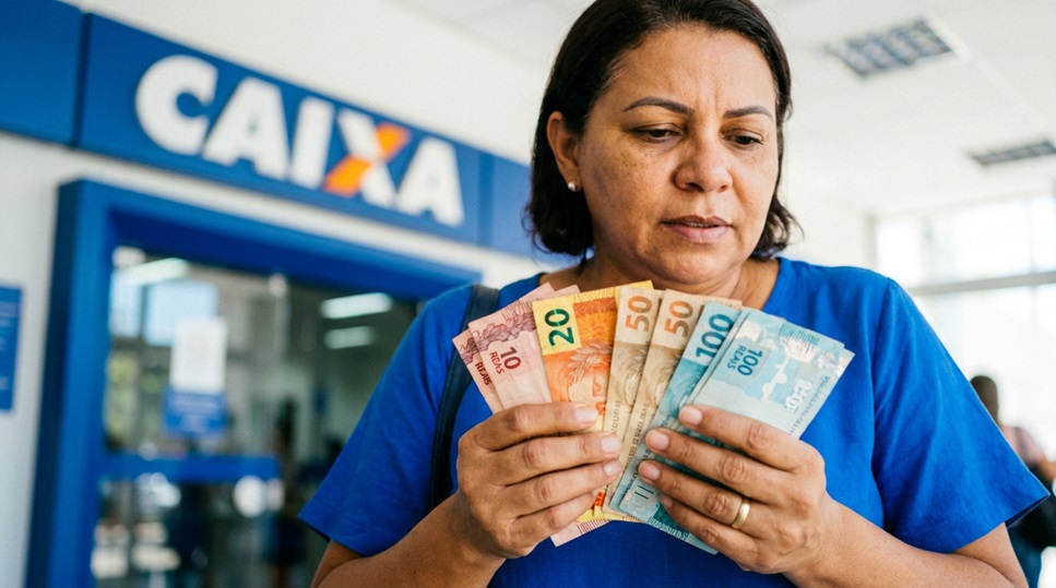 Mulher segura notas de real em frente à agência da Caixa Econômica, vestindo camiseta azul