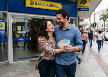 Casal feliz segura notas de reais ao sair da agência do Banco do Brasil no centro urbano