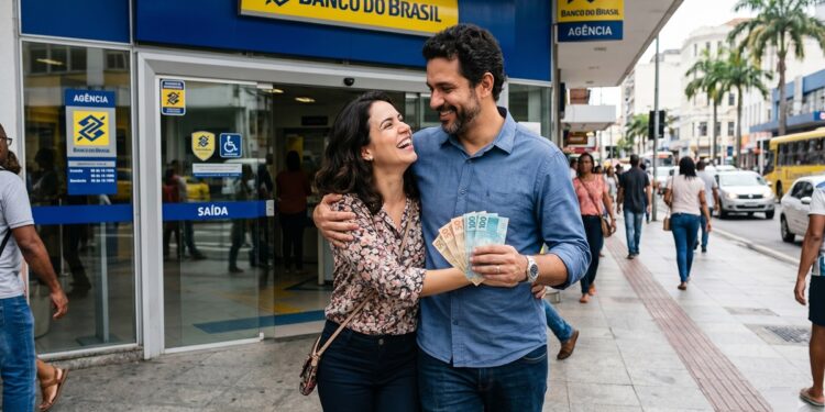 Casal feliz segura notas de reais ao sair da agência do Banco do Brasil no centro urbano