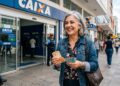 Mulher idosa sorridente segura cédulas de real em frente a uma agência da Caixa Econômica Federal