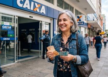 Mulher idosa sorridente segura cédulas de real em frente a uma agência da Caixa Econômica Federal