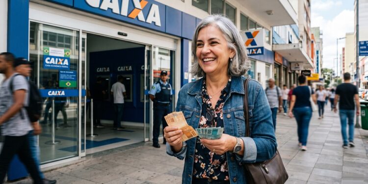 Mulher idosa sorridente segura cédulas de real em frente a uma agência da Caixa Econômica Federal