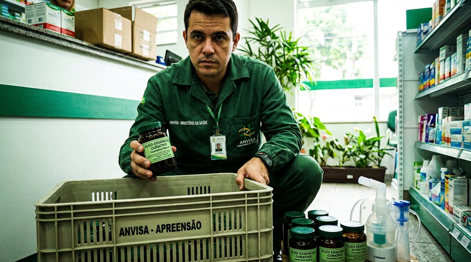 Bolsa Família 2025: Guia Completo com Valores, Requisitos e Como se Cadastrar 2 Fiscal da Anvisa segura frasco de óleo essencial ao lado de cesto com produtos apreendidos em farmácia