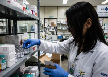 Agente técnica da Anvisa com jaleco branco inspeciona frascos de tirzepatida em prateleira de farmácia hospitalar vinculada ao SUS.
