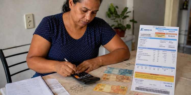 Mulher adulta usa calculadora ao lado de dinheiro em espécie e conta de energia elétrica detalhada sobre a mesa
