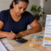 Mulher adulta usa calculadora ao lado de dinheiro em espécie e conta de energia elétrica detalhada sobre a mesa