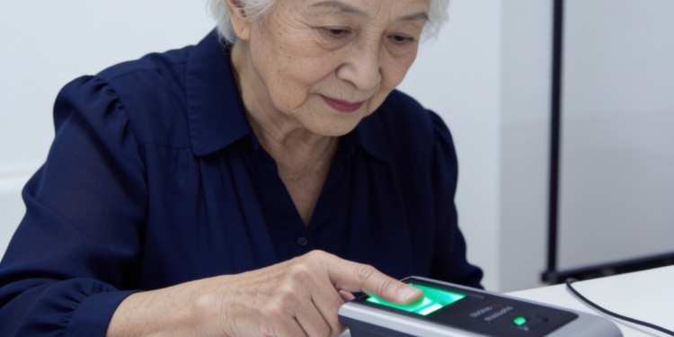 Idosa realiza autenticação digital em aparelho biométrico moderno.