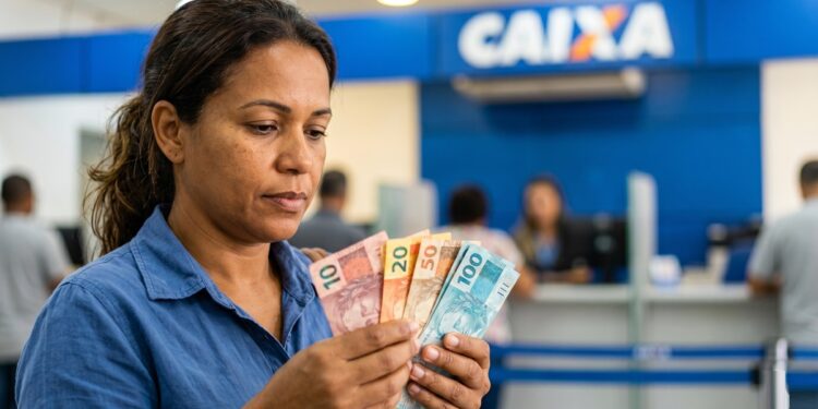 Mulher segura notas de real na mão, agência da Caixa ao fundo, pessoas aguardam atendimento