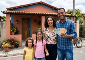 Família com quatro pessoas sorri segurando notas de real em frente à casa colorida