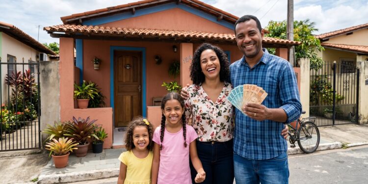 Família com quatro pessoas sorri segurando notas de real em frente à casa colorida