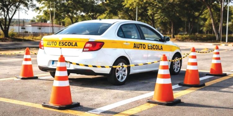 Veículo branco com faixa "AUTO ESCOLA" fazendo manobra cercado por seis cones laranja em pista aberta