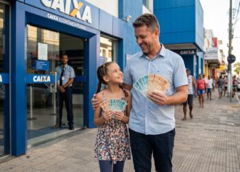 Homem e menina sorrindo, segurando notas de real, em frente à agência da Caixa Econômica Federal