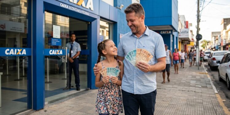 Homem e menina sorrindo, segurando notas de real, em frente à agência da Caixa Econômica Federal