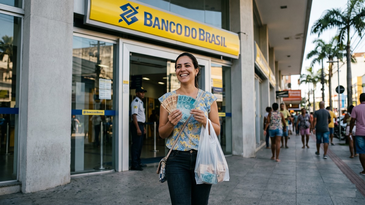 Mulher jovem sorrindo exibe notas variadas de real em frente ao Banco do Brasil
