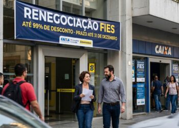 Grupo de pessoas em frente à agência da Caixa com faixa sobre FIES e descontos de até 99%