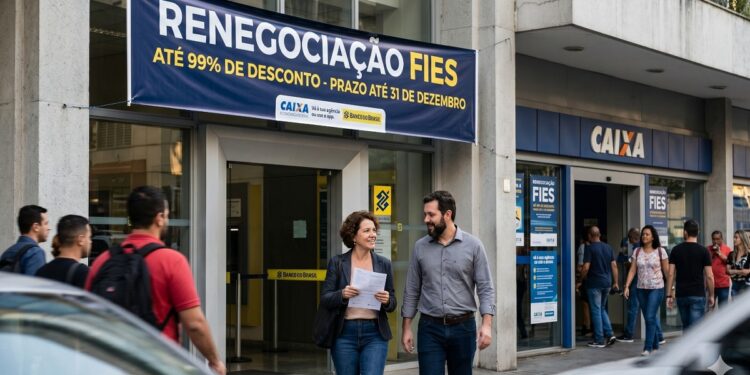 Grupo de pessoas em frente à agência da Caixa com faixa sobre FIES e descontos de até 99%