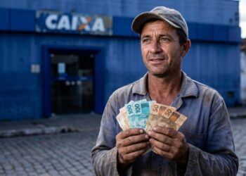 Trabalhador com boné e camisa azul segura notas de R$ 100 e R$ 50 em frente à agência da Caixa