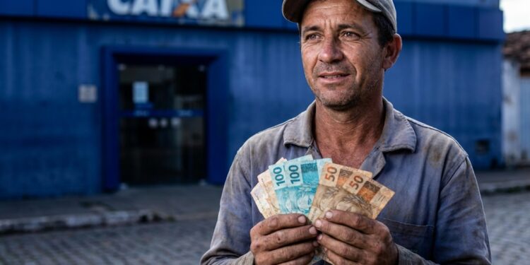 Trabalhador com boné e camisa azul segura notas de R$ 100 e R$ 50 em frente à agência da Caixa