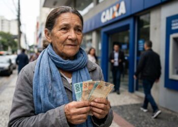 Idosa de cabelos grisalhos segurando notas de reais em frente à Caixa Econômica Federal