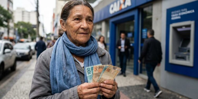Idosa de cabelos grisalhos segurando notas de reais em frente à Caixa Econômica Federal