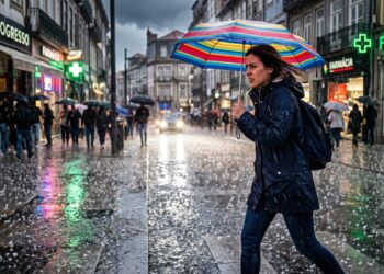 Mulher jovem atravessa a rua com guarda-chuva colorido durante tempestade de granizo, expressão tensa