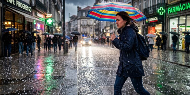 Mulher jovem atravessa a rua com guarda-chuva colorido durante tempestade de granizo, expressão tensa