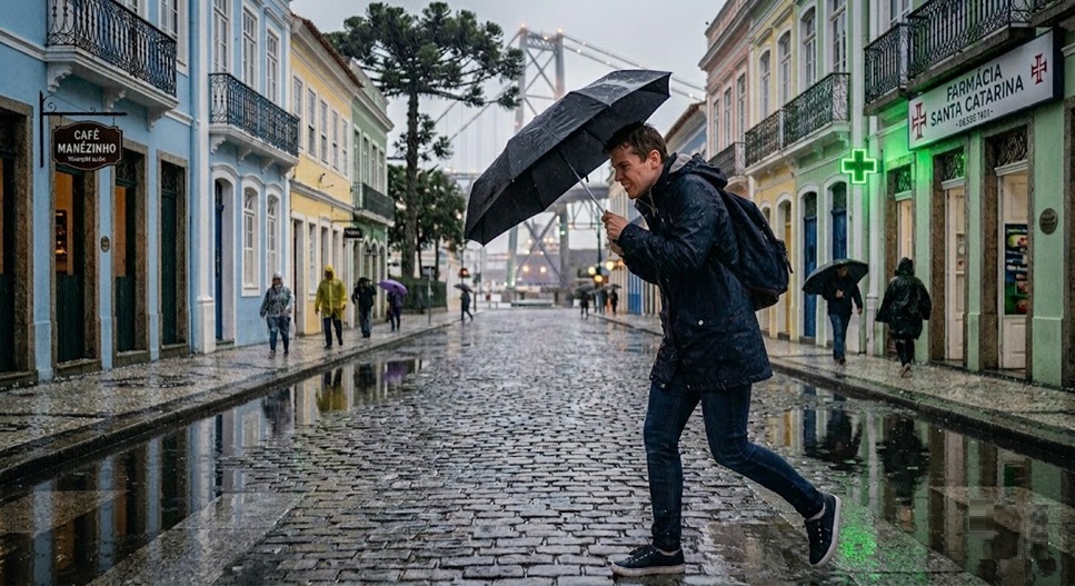 Jovem caminha apressado com guarda-chuva preto em rua molhada, prédios coloniais e ponte ao fundo