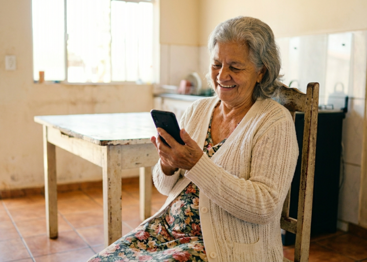 Idosa sorridente usando celular em casa simples iluminada.