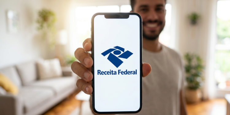 Homem exibe aplicativo Receita Federal aberto no smartphone em casa.