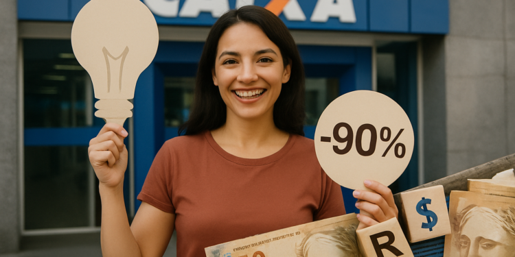 Mulher sorrindo segura símbolo de lâmpada e placa -90% em frente à agência Caixa com notas de cinquenta reais