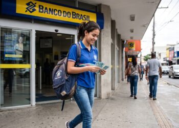 Jovem com uniforme escolar e mochila sorri segurando notas de dinheiro na frente do Banco do Brasil