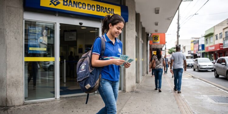 Jovem com uniforme escolar e mochila sorri segurando notas de dinheiro na frente do Banco do Brasil
