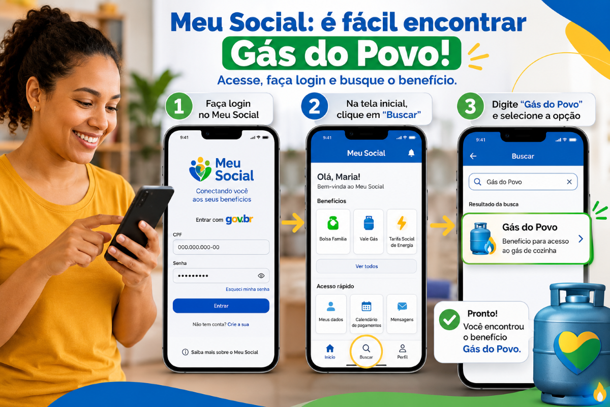 Mulher sorrindo usa celular ao lado de tutorial no app Meu Social buscando benefício Gás do Povo