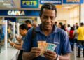 Homem segura notas de R$ 50 e R$ 100 em agência da Caixa com placas FGTS e Saque ao fundo