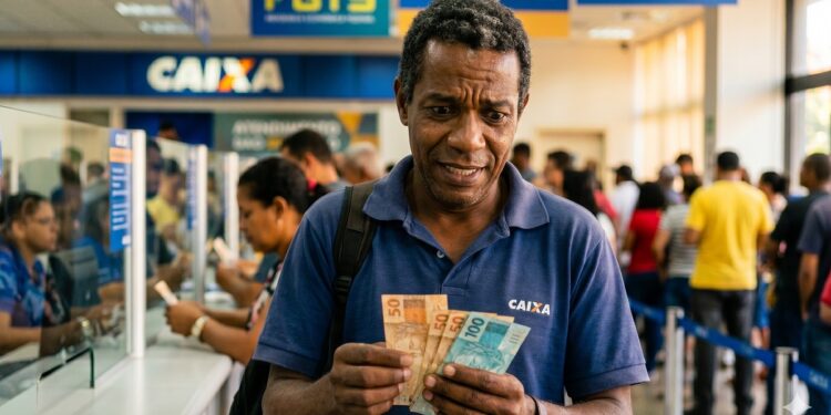 Homem segura notas de R$ 50 e R$ 100 em agência da Caixa com placas FGTS e Saque ao fundo