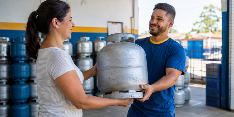 Mulher recebe botijão de gás de funcionário sorridente em distribuidora com vários cilindros ao fundo