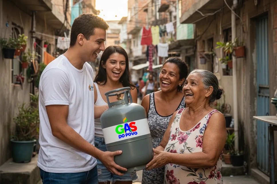 Jovem entrega botijão de gás Gás do Povo a três mulheres sorrindo em rua de comunidade
