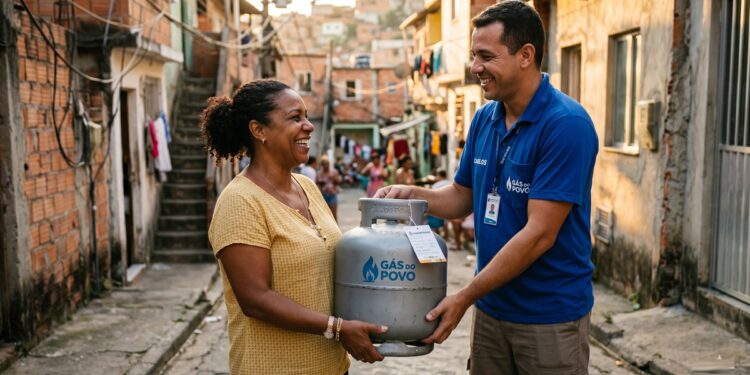 Mulher sorrindo recebe botijão de gás do projeto Gás do Povo, entregue por funcionário uniformizado em rua de comunidade