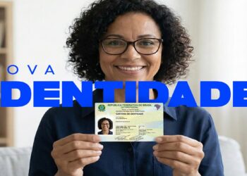 Mulher sorridente com óculos segura nova carteira de identidade brasileira, texto "Nova Identidade" em azul